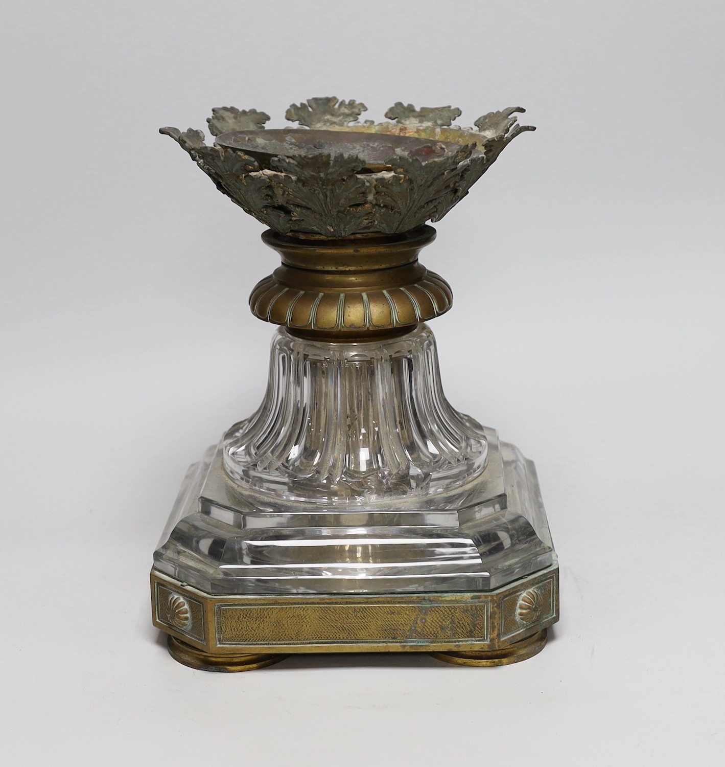 A 19th century Baccarat glass and brass pedestal base from a large table centre, small Baccarat stamp to centre of base underneath, 27cms high